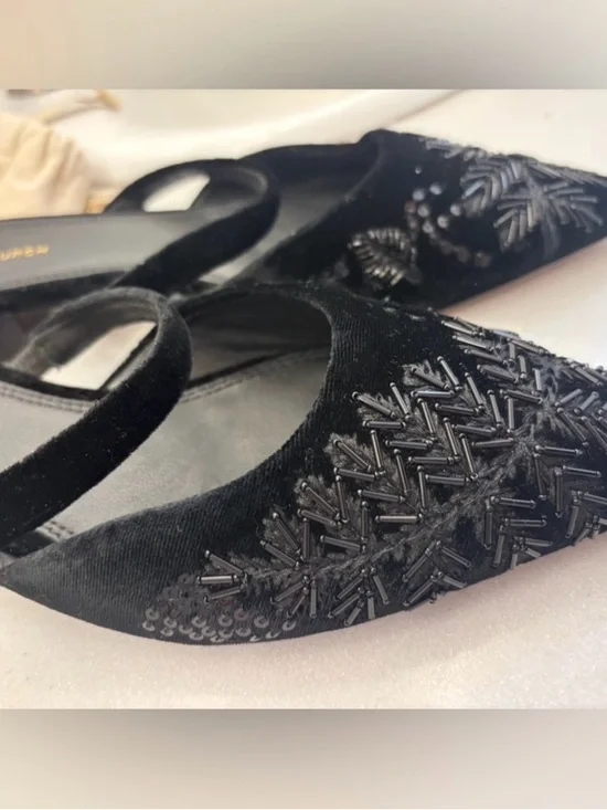 Tory Burch Black Velvet Pointed-Toe Beaded Mules - Picture 9 of 10